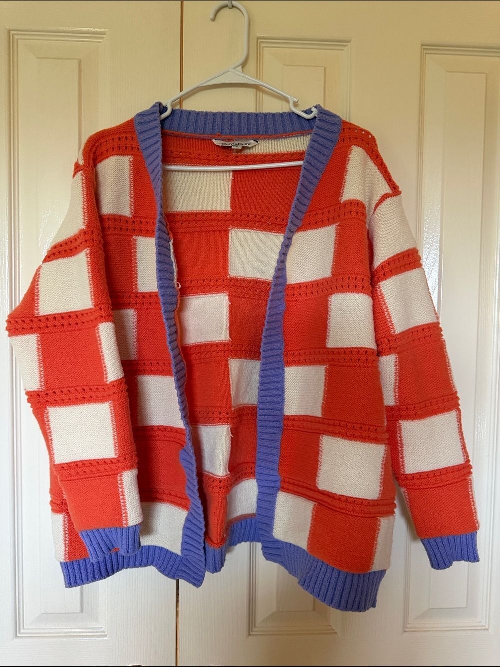 DAVI & DANI Orange, Cream & Purple Check Knit Cardigan